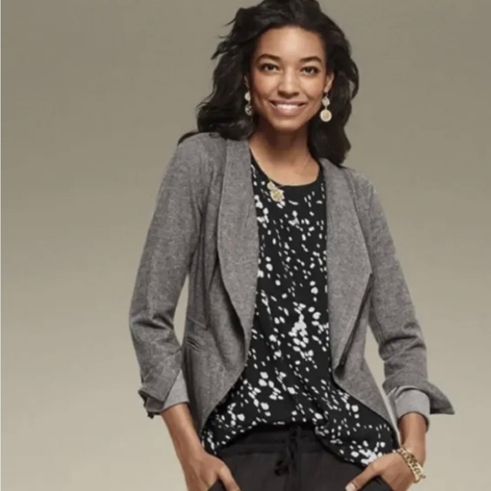 Cabi #3597 Cosmos Top Relaxed Blouse Tee Built In Knit Tank, Size XL Black Gray